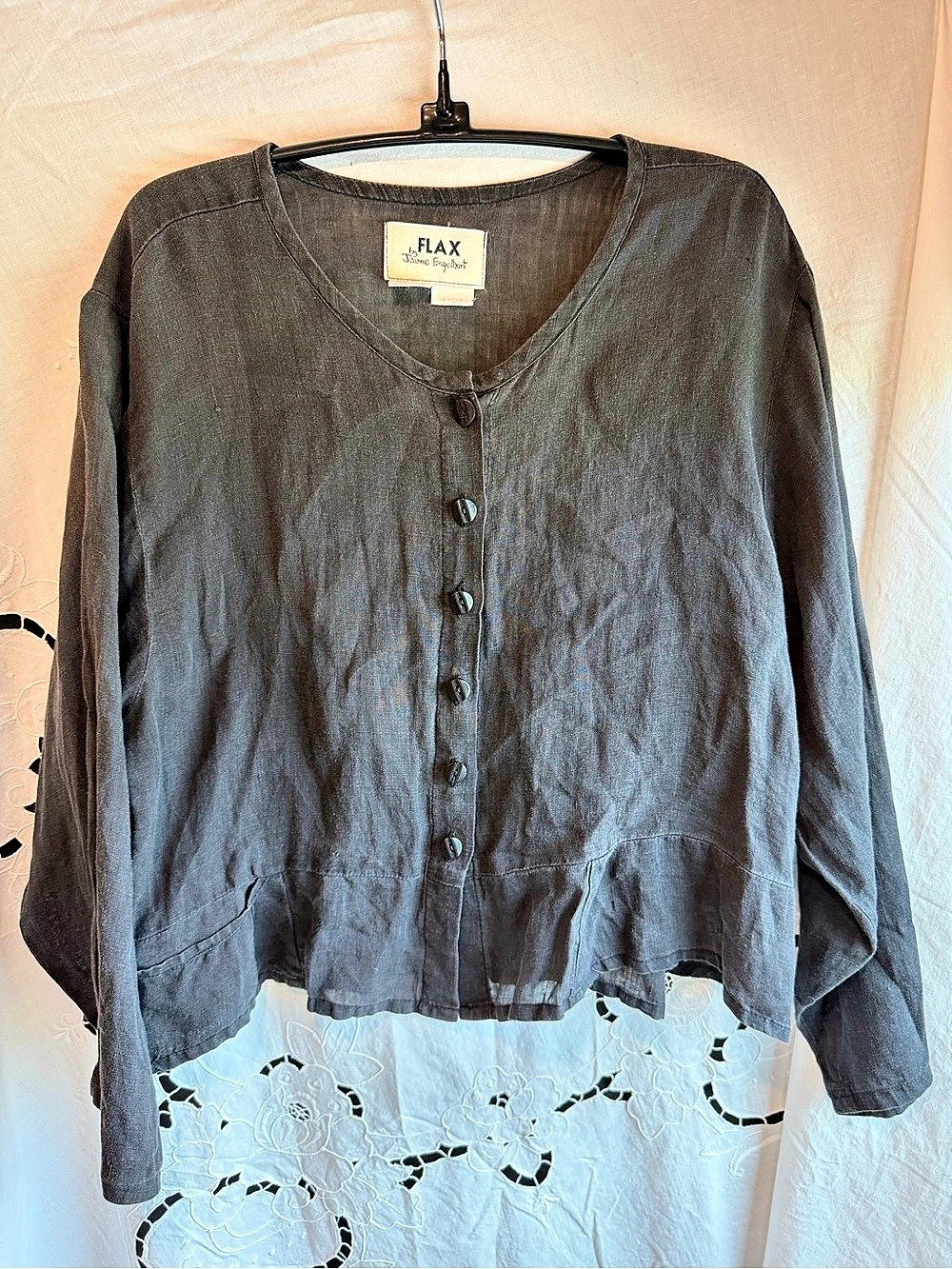 FLAX Jeanne Engelhart Black Linen Cropped Jacket Blouse Lagenlook Bohemian S Top